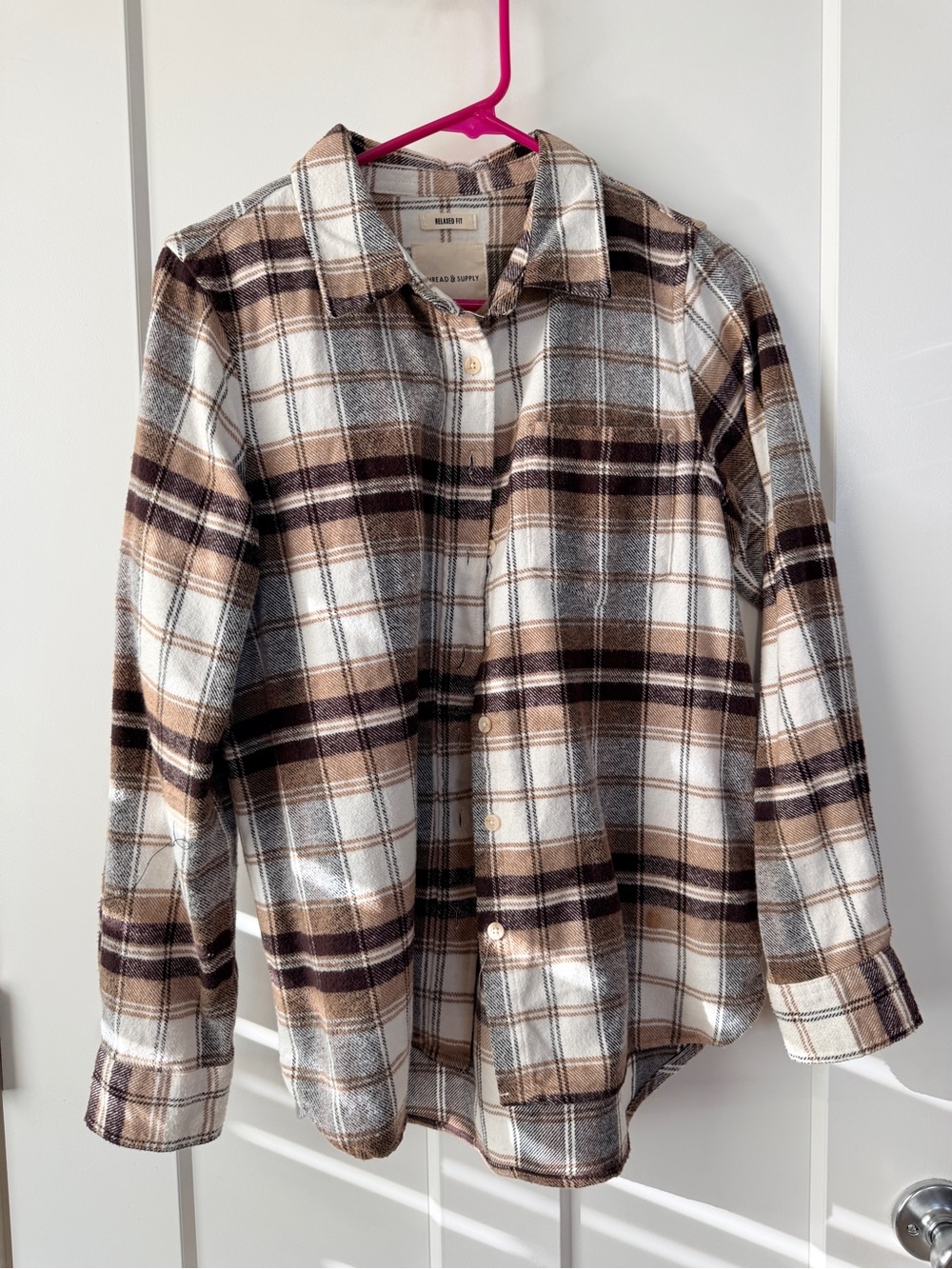 Thread & Supply Brown, Gray & White Plaid Button-Down Shirt